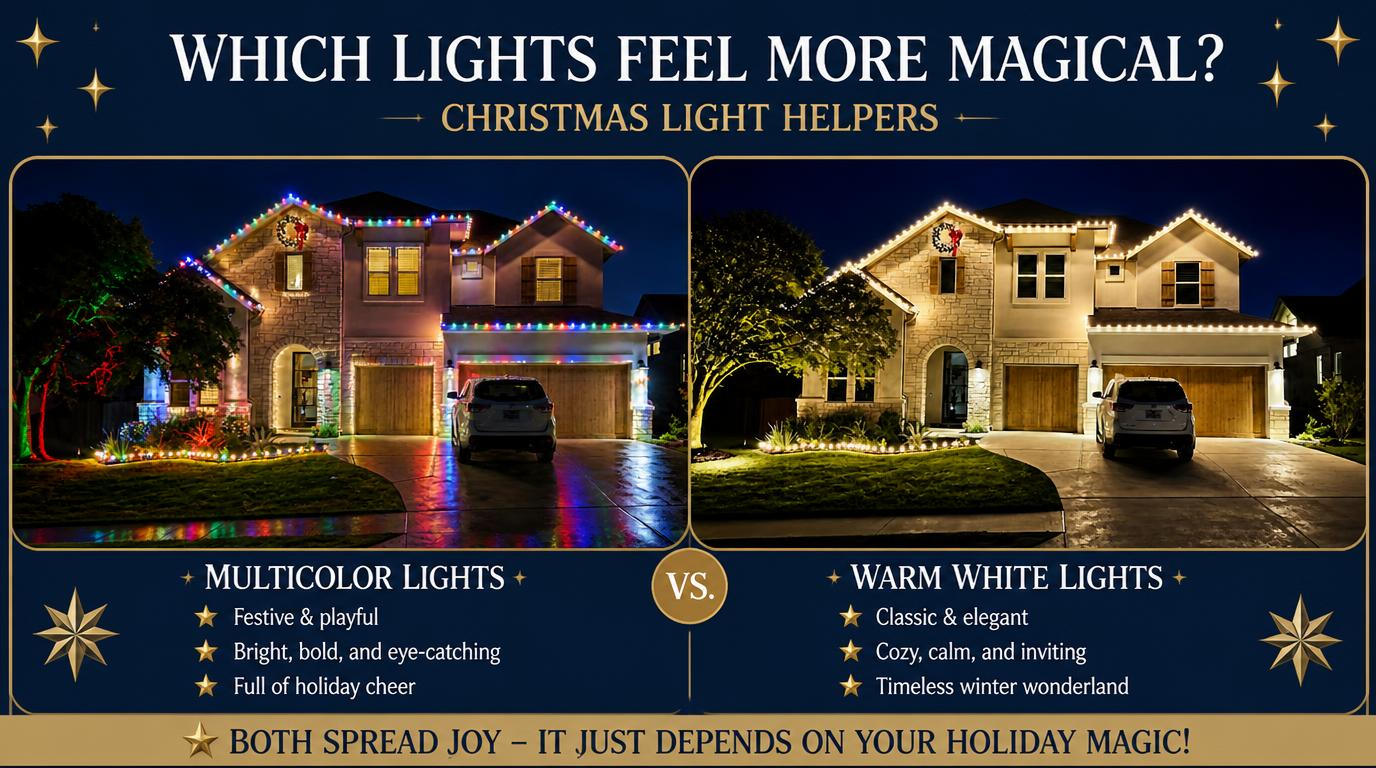 Multicolor Christmas lights compared with warm white Christmas lights on a home