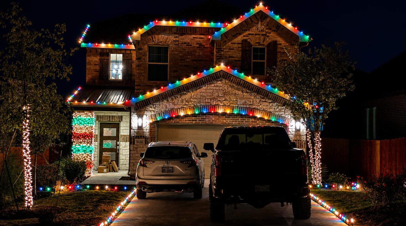 Multi-color Christmas light installation design inspiration for Central Texas