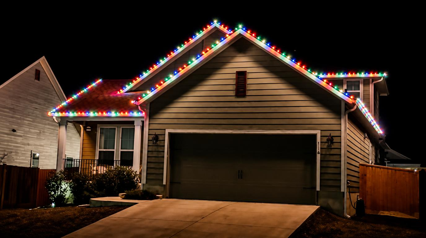 Multi-color Christmas light installation design in Dripping Springs Texas
